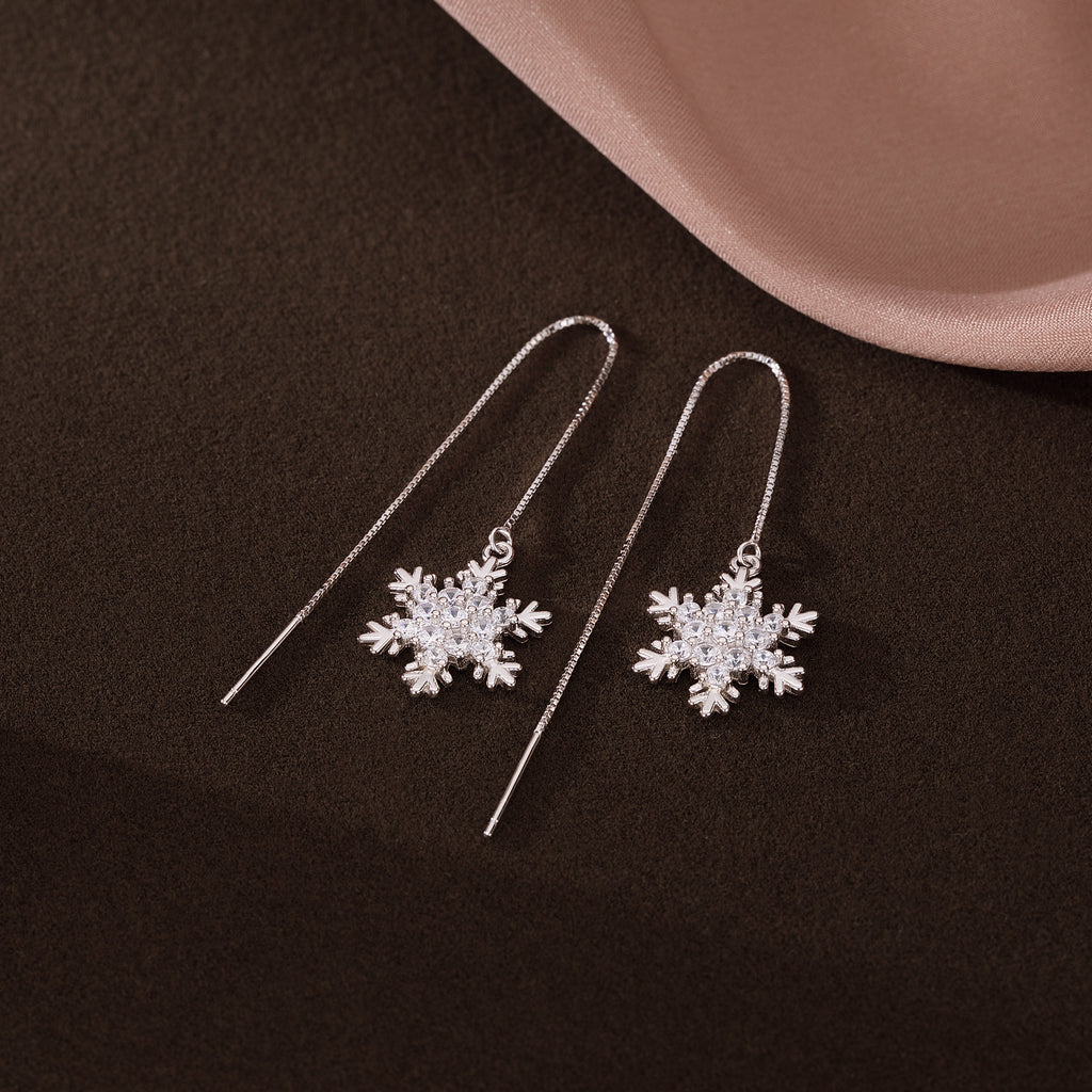 SLUYNZ Sterling Silver Christmas Snowflake Dangle Earrings Chain for Women Teens Snowflake Drop Earrings Threader Winter Earrings