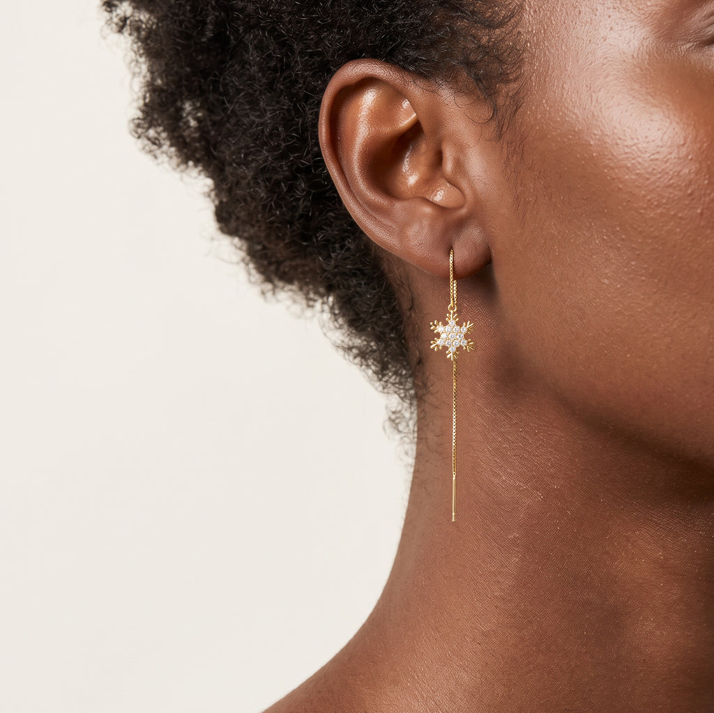 SLUYNZ Sterling Silver Christmas Snowflake Dangle Earrings Chain for Women Teens Snowflake Drop Earrings Threader Winter Earrings