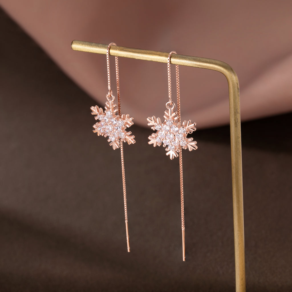 SLUYNZ Sterling Silver Christmas Snowflake Dangle Earrings Chain for Women Teens Snowflake Drop Earrings Threader Winter Earrings