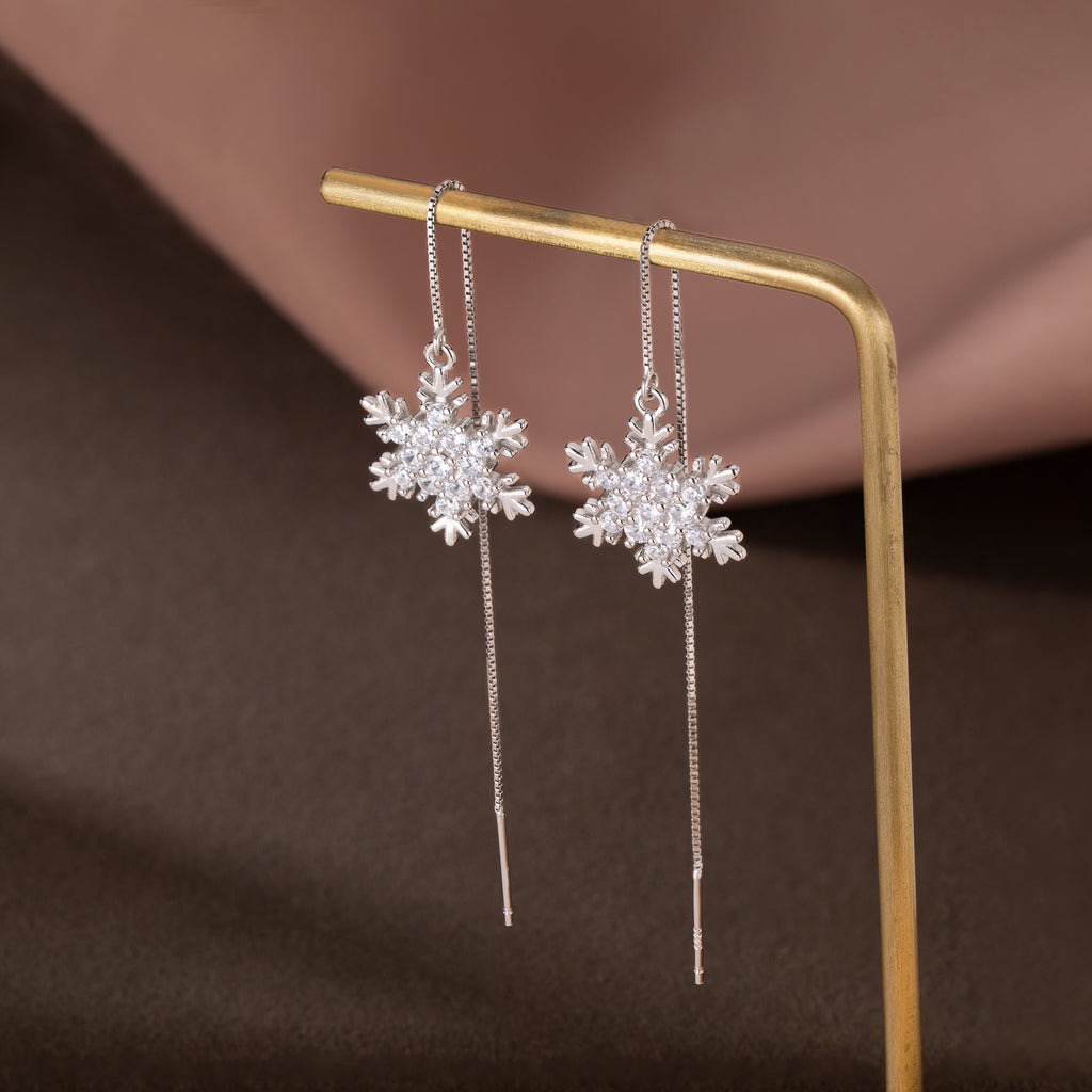 SLUYNZ Sterling Silver Christmas Snowflake Dangle Earrings Chain for Women Teens Snowflake Drop Earrings Threader Winter Earrings