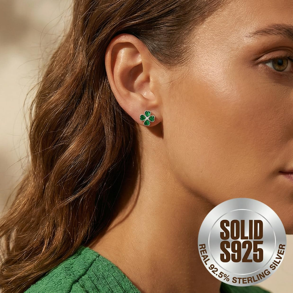 SLUYNZ Solid 925 Sterling Silver Green Clover Earrings Stud for Women Teens Love CZ Clover Stud Earrings for St. Patrick's Day