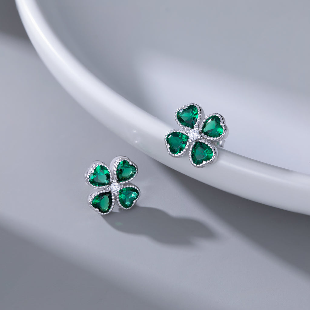 SLUYNZ Solid 925 Sterling Silver Green Clover Earrings Stud for Women Teens Love CZ Clover Stud Earrings for St. Patrick's Day