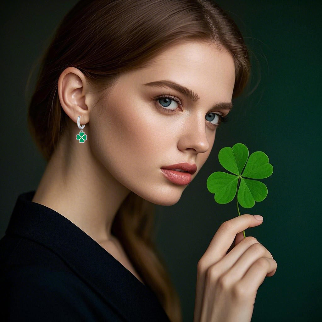 SLUYNZ 925 Sterling Silver Green Clover Earrings Hoop for Women Love Four Leaf Clover Hoop Earrings Huggie for Spring Summer