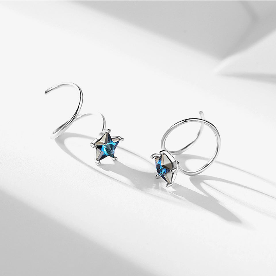 SLUYNZ 925 Sterling Silver Blue Crystal Star Earrings Cuff for Teen Girls Fashion Star Wrap Earrings