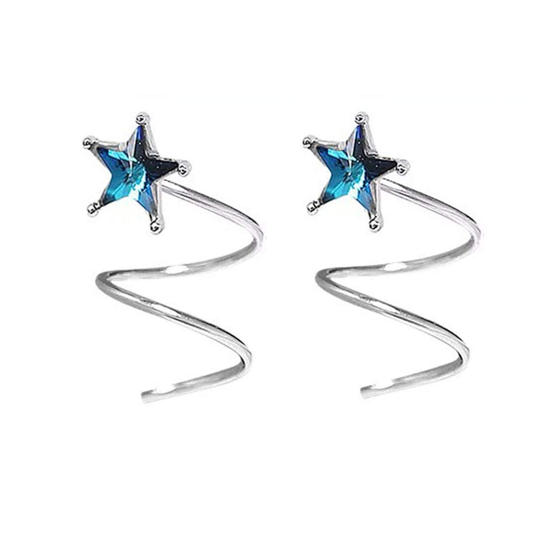 SLUYNZ 925 Sterling Silver Blue Crystal Star Earrings Cuff for Teen Girls Fashion Star Wrap Earrings