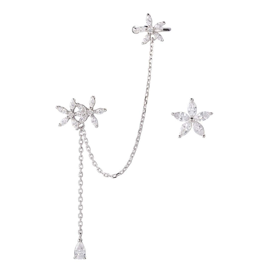 SLUYNZ 925 Sterling Silver Daisy Flowers Cuff Earrings Chain for Women Teen Girls Asymmetric CZ Daisy Earrings Crawler Earrings Dangling Chain