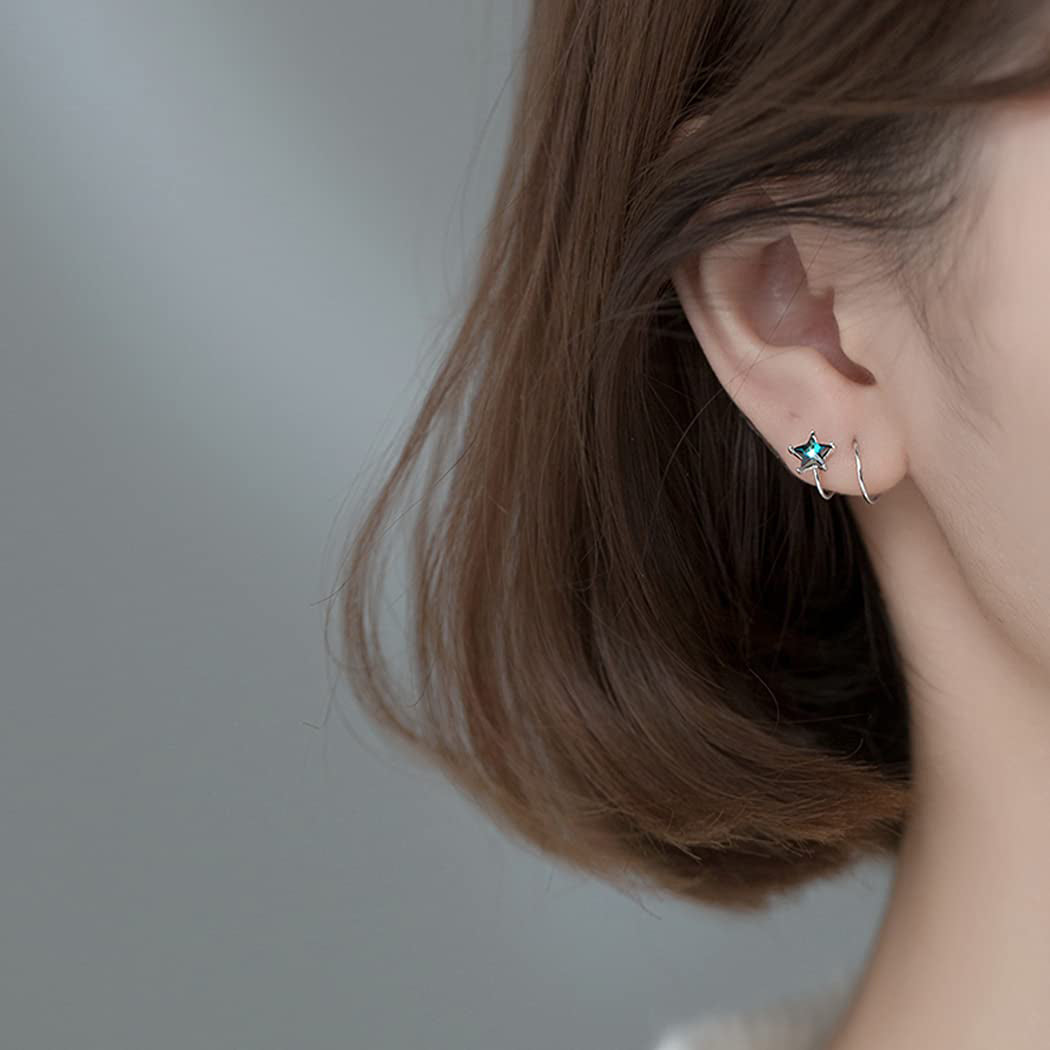 SLUYNZ 925 Sterling Silver Blue Crystal Star Earrings Cuff for Teen Girls Fashion Star Wrap Earrings