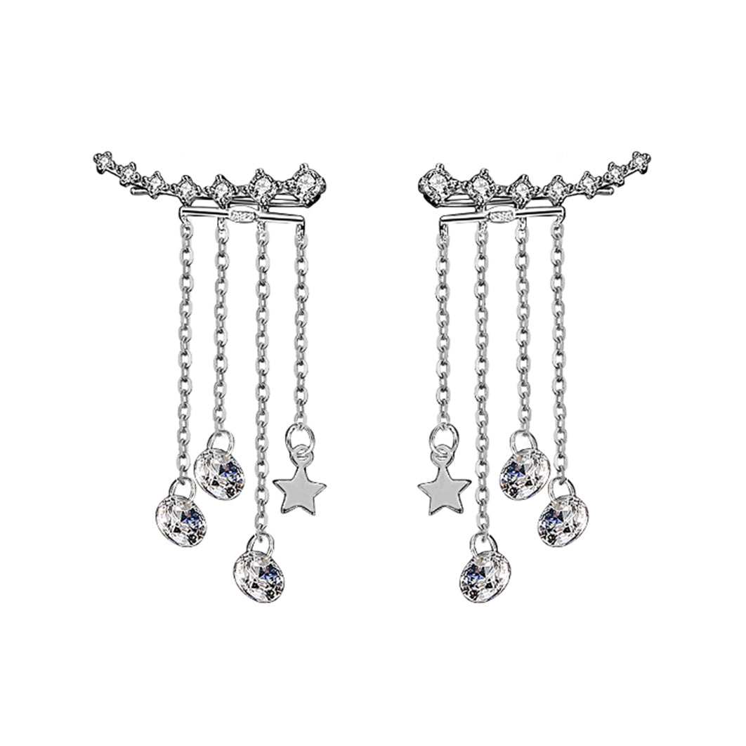 SLUYNZ 925 Sterling Silver 7 Crystals Cuff Earrings Tassell Chain for Women Teen Girls CZ Crawler Earrings Chain Climber Earrings