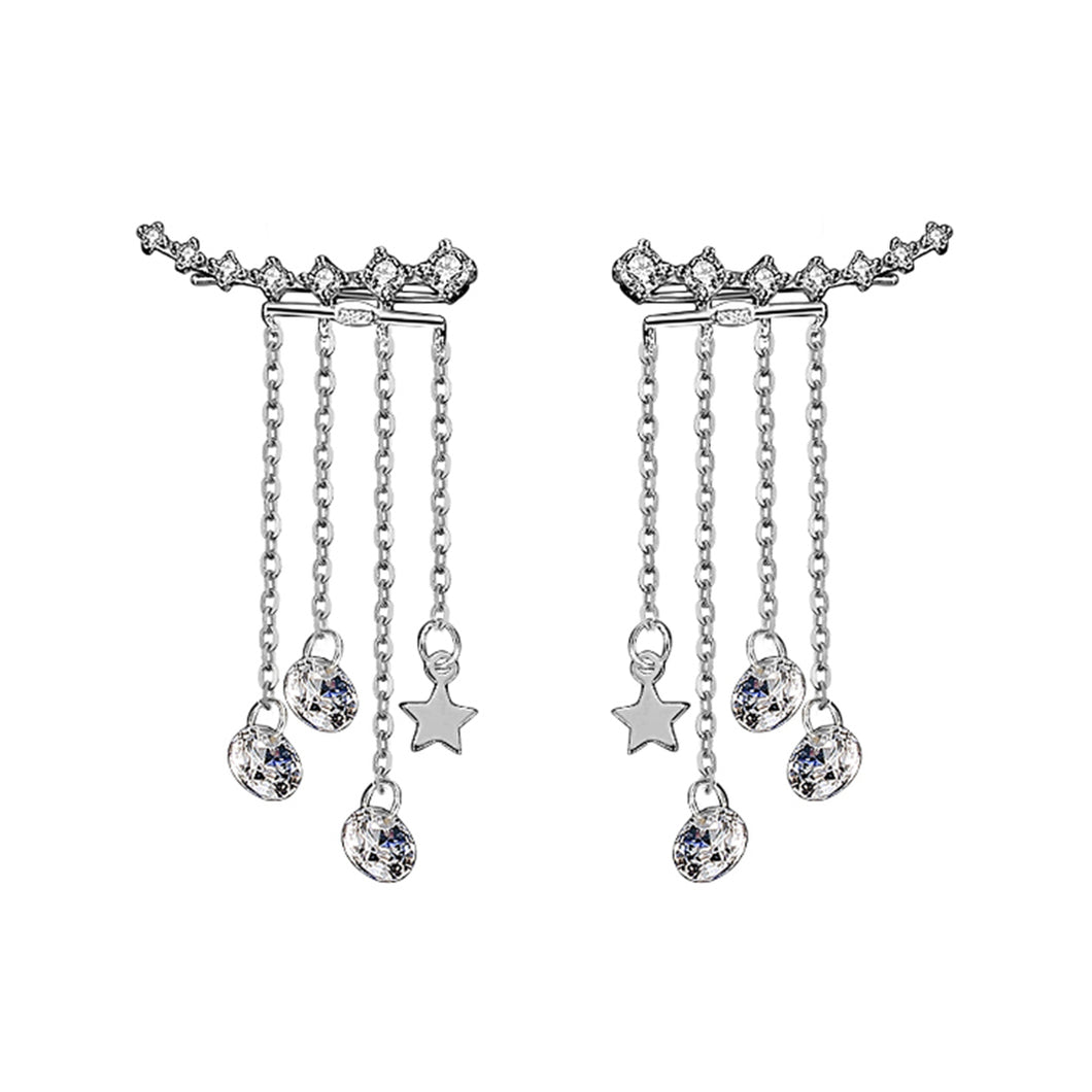 SLUYNZ 925 Sterling Silver 7 Crystals Cuff Earrings Tassell Chain for Women Teen Girls CZ Crawler Earrings Chain Climber Earrings