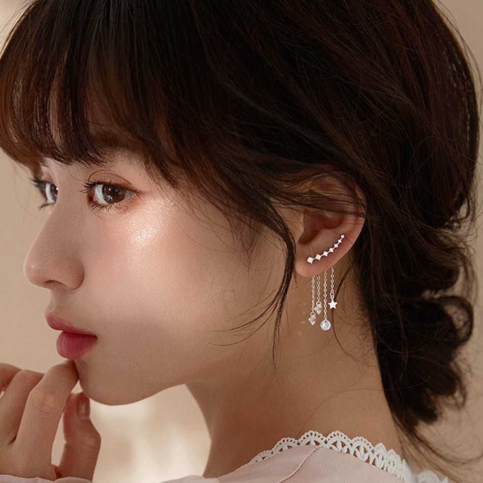 SLUYNZ 925 Sterling Silver 7 Crystals Cuff Earrings Tassell Chain for Women Teen Girls CZ Crawler Earrings Chain Climber Earrings