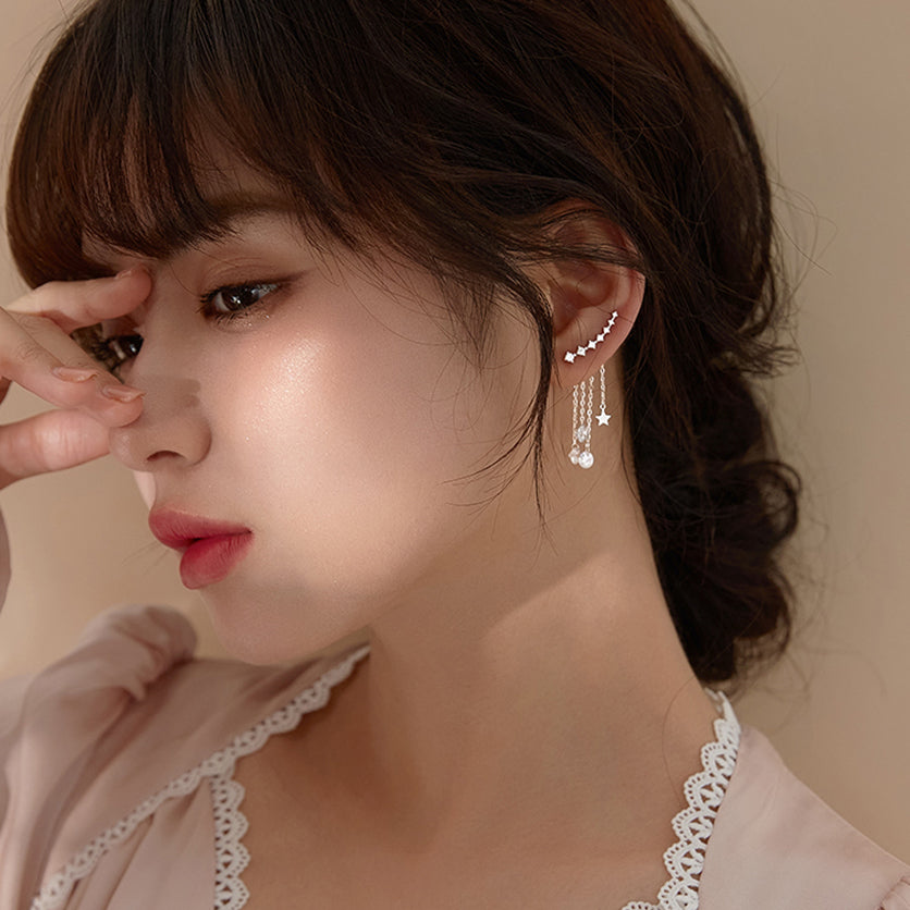 SLUYNZ 925 Sterling Silver 7 Crystals Cuff Earrings Tassell Chain for Women Teen Girls CZ Crawler Earrings Chain Climber Earrings