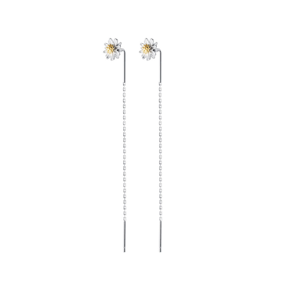 SLUYNZ 925 Sterling Silver Daisy Threader Earrings for Women Girls Flower Chain Earring Bar Tassel Earring Dangle