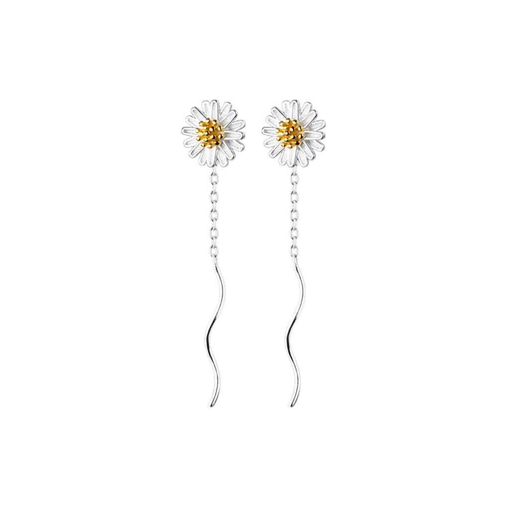 SLUYNZ 925 Sterling Silver Daisy Earrings Threader for Women Girls Minimalist Flower Wave Tassel Earrings Dangle Earring Chain