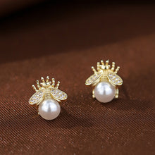 将图片加载到图库查看器，SLUYNZ 925 Sterling Silver Bee Earrings Studs for Women Teen Girls Pearl Earring Stud Insect Bumble Earrings Shiny
