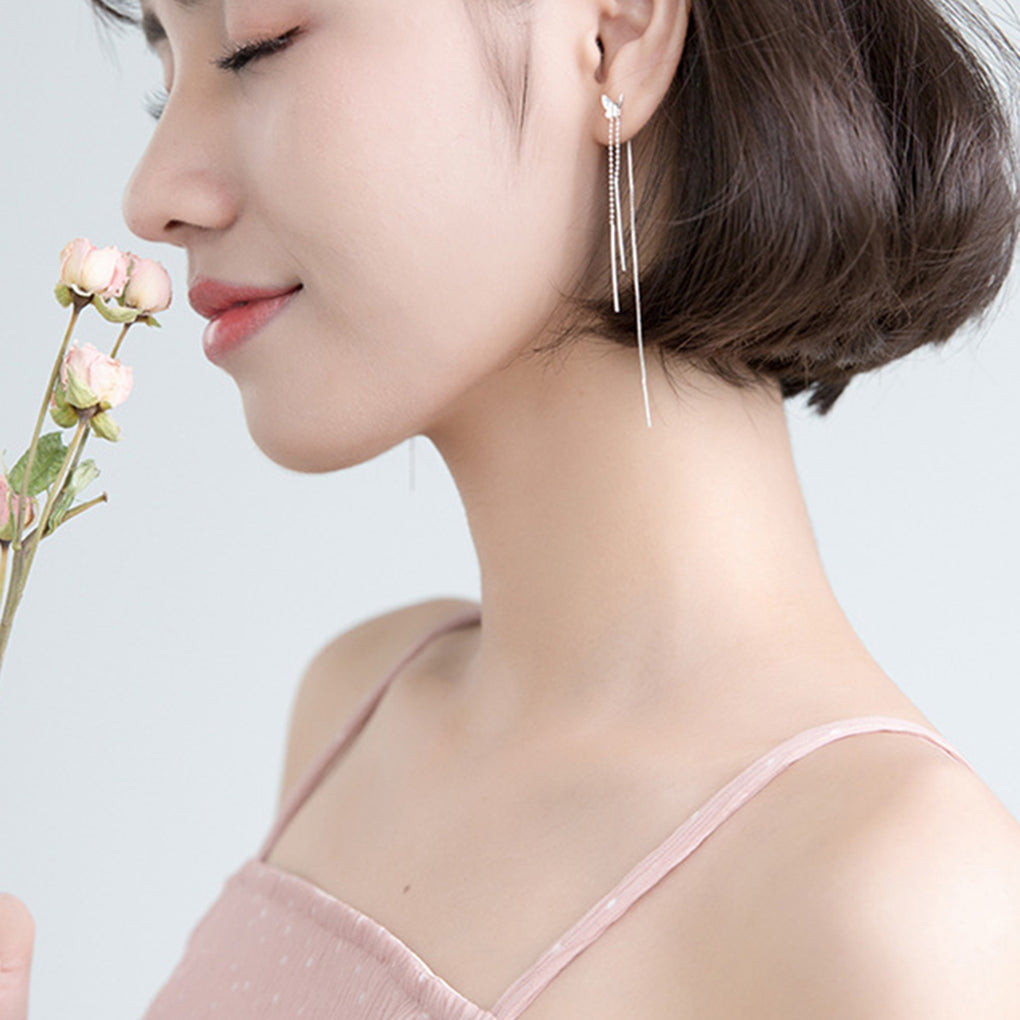 SLUYNZ 925 Sterling Silver Butterfly Earrings Dangle for Women Girls Drop Threader Earring Chain Double Tassel Line Earring