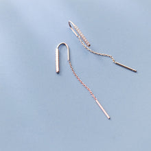 将图片加载到图库查看器，SLUYNZ 925 Sterling Silver Shiny Bar Threader Earrings for Women Girls Minimalist Drop Dangle Earring Chain CZ Stones Ear Line
