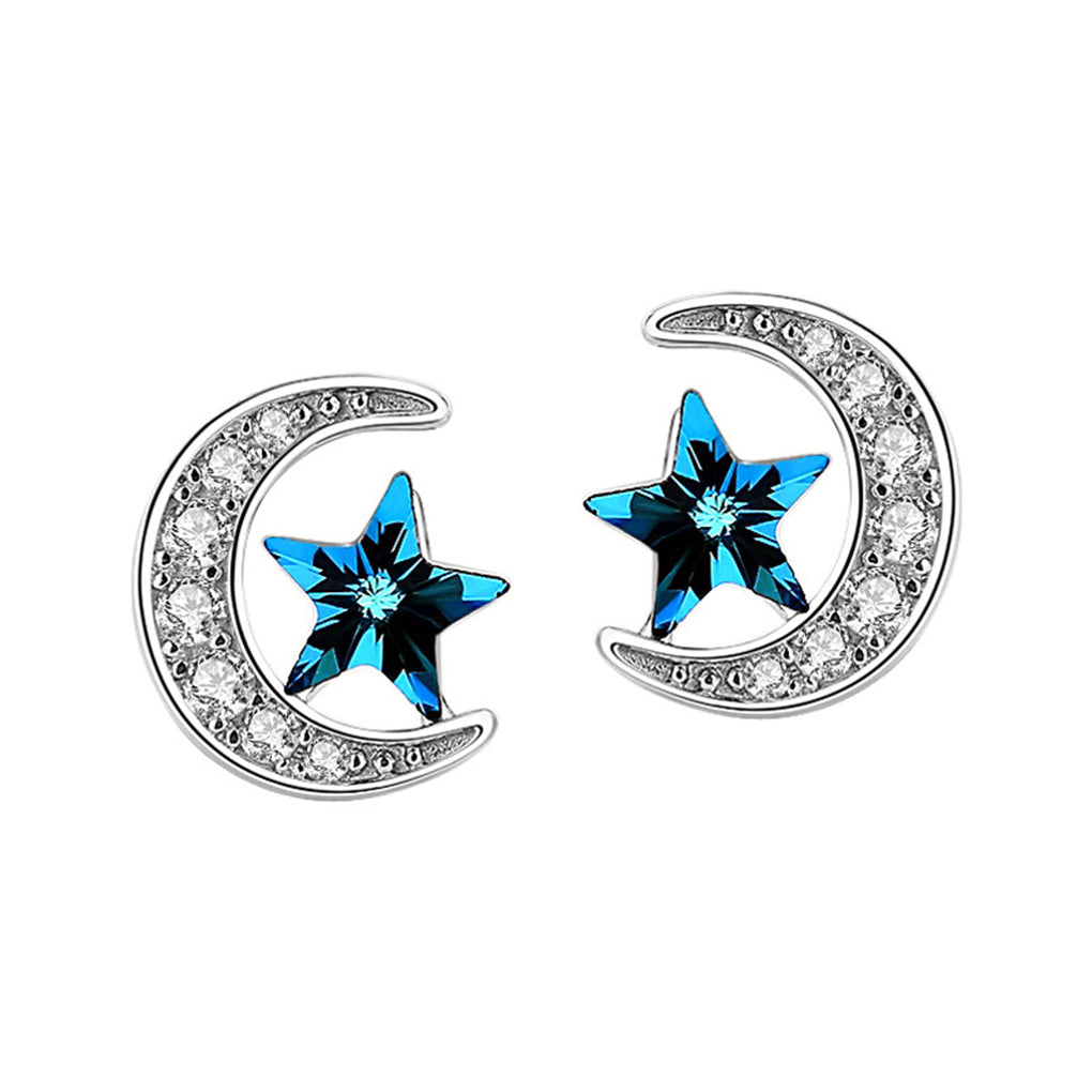 SLUYNZ 925 Sterling Silver Star Moon Earrings Studs For Women Girls Blue Crystal Star Earring Cubic Zirconia Moon Earrings