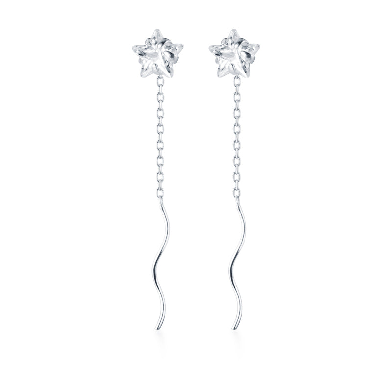 SLUYNZ 925 Sterling Silver Star Earrings Dangle for Women Teen Girls Shiny CZ Tassel Earrings Chain Ear Line Threader Earrings Wave Tassel Earrings Chain