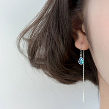 将图片加载到图库查看器，SLUYNZ 925 Sterling Silver Blue Crystal Teardrop Dangle Earrings for Women Teen Girls Droplet Threader Earrings Tassel Chain
