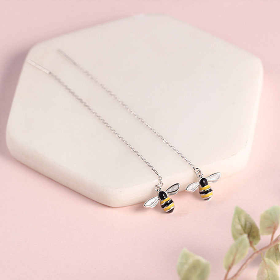 SLUYNZ 925 Sterling Silver Bumble Bee Dangle Earrings for Women Teen Girls Threader Earrings Chain