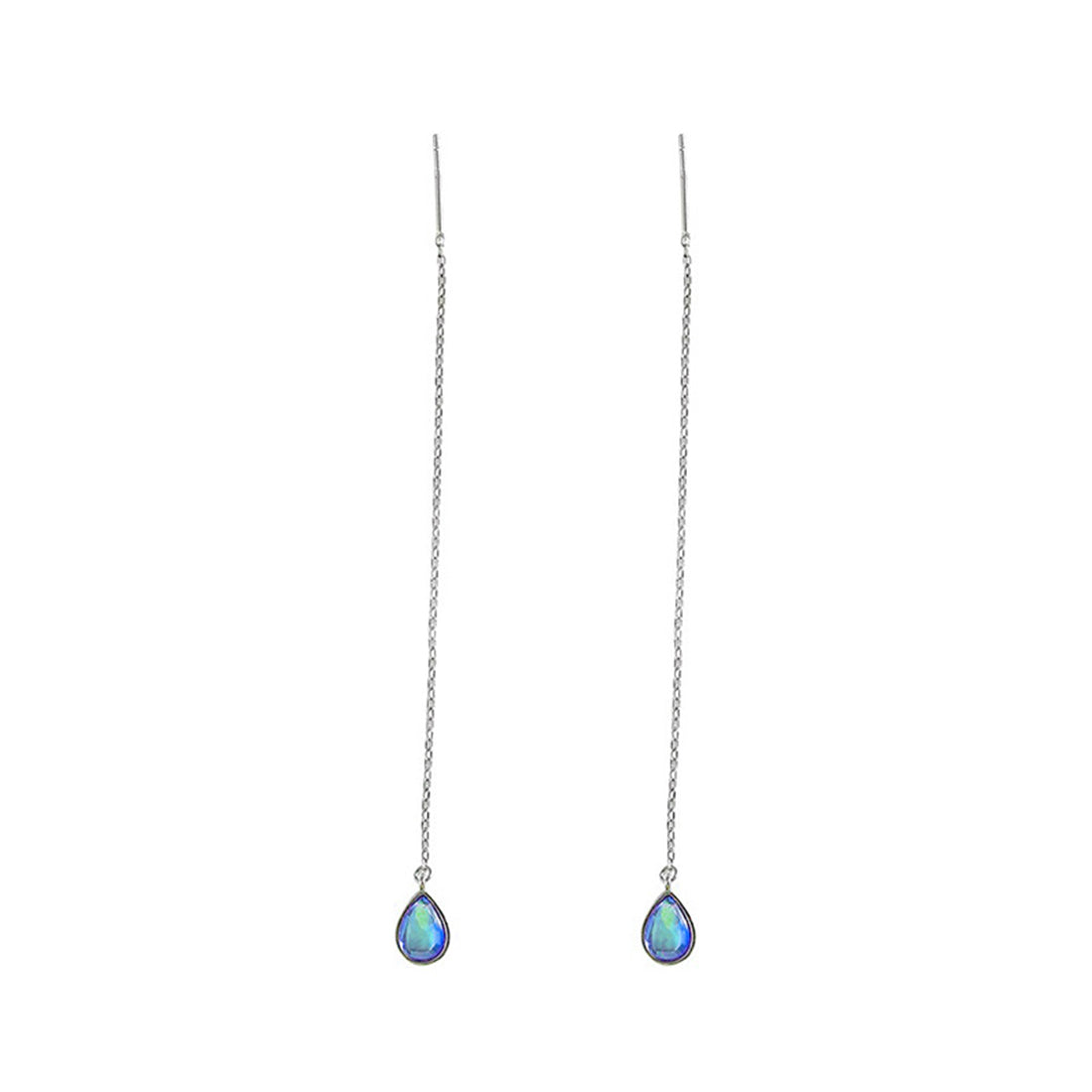 SLUYNZ 925 Sterling Silver Blue Crystal Teardrop Dangle Earrings for Women Teen Girls Droplet Threader Earrings Tassel Chain