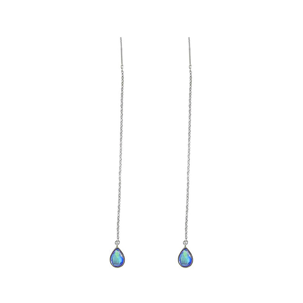 SLUYNZ 925 Sterling Silver Blue Crystal Teardrop Dangle Earrings for Women Teen Girls Droplet Threader Earrings Tassel Chain