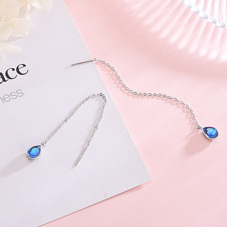 SLUYNZ 925 Sterling Silver Blue Crystal Teardrop Dangle Earrings for Women Teen Girls Droplet Threader Earrings Tassel Chain
