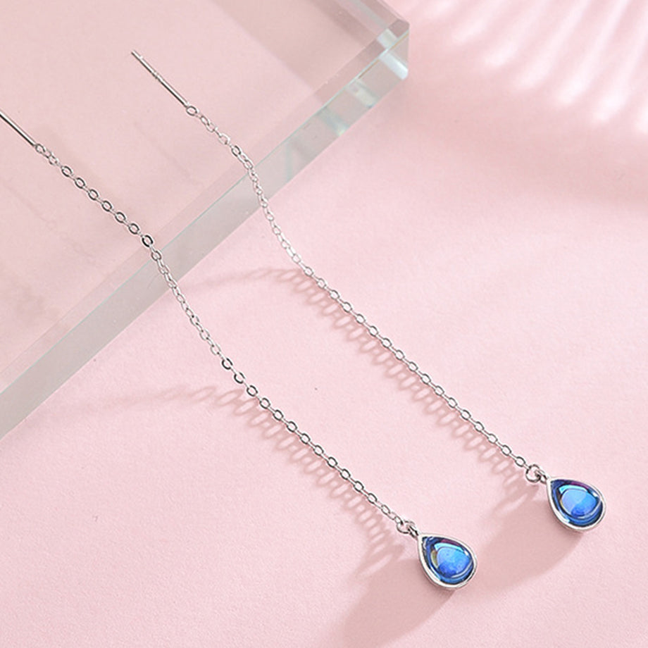 SLUYNZ 925 Sterling Silver Blue Crystal Teardrop Dangle Earrings for Women Teen Girls Droplet Threader Earrings Tassel Chain