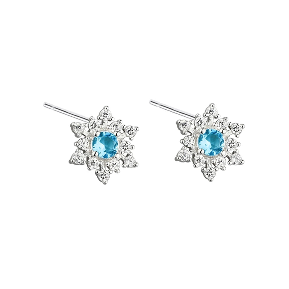 SLUYNZ 925 Sterling Silver Sparkling Blue Crystal Snowflake Studs Earrings for Women Teen Girls Cute Snowflake Earrings