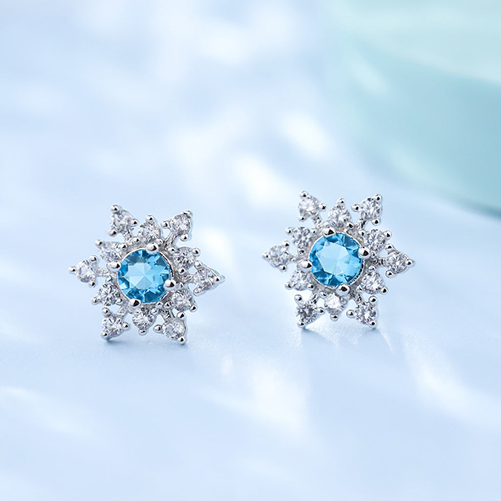 SLUYNZ 925 Sterling Silver Sparkling Blue Crystal Snowflake Studs Earrings for Women Teen Girls Cute Snowflake Earrings
