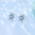 SLUYNZ 925 Sterling Silver Sparkling Blue Crystal Snowflake Studs Earrings for Women Teen Girls Cute Snowflake Earrings