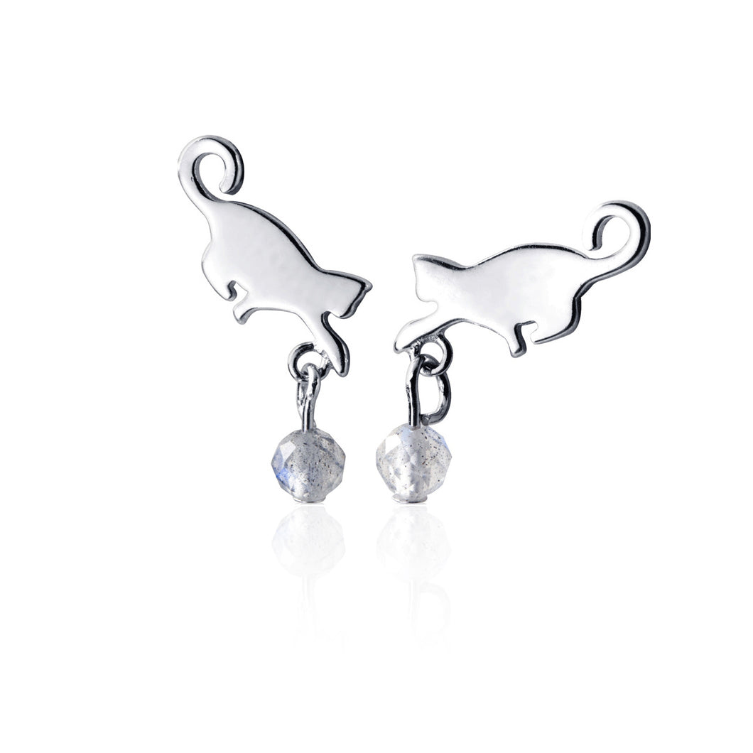 SLUYNZ 925 Sterling Silver Cat Drop Earrings Studs Shiny CZ Earrings for Women Teen Dog Drop Earrings Mini Pet Animal Studs