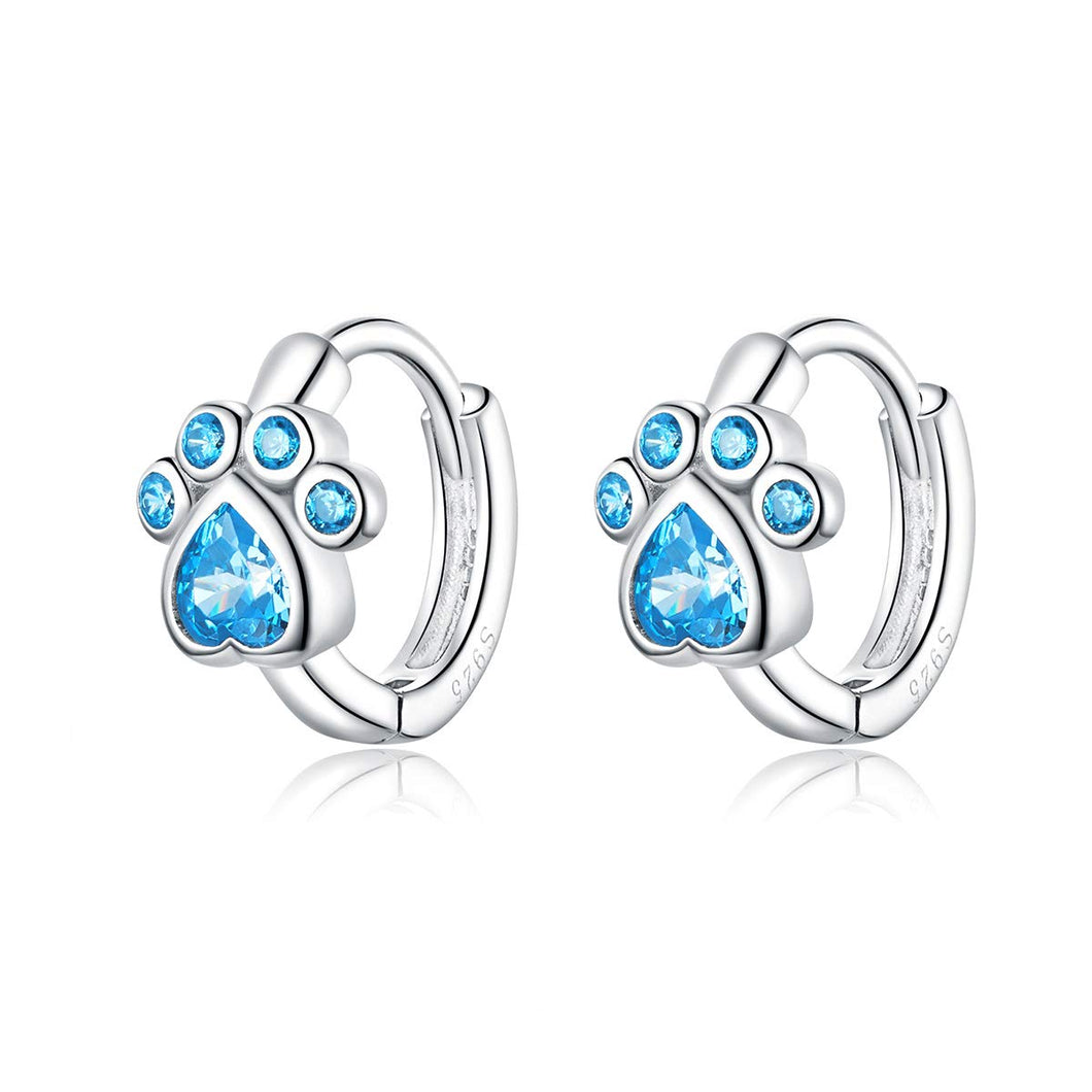 SLUYNZ Dog Paw Small Hoop Earrings for Women Teen Girls Blue Crystal Huggie Earring Puppy Cat Paw Hoop Earrings