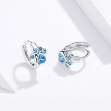 将图片加载到图库查看器，SLUYNZ Dog Paw Small Hoop Earrings for Women Teen Girls Blue Crystal Huggie Earring Puppy Cat Paw Hoop Earrings
