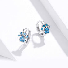 将图片加载到图库查看器，SLUYNZ Dog Paw Small Hoop Earrings for Women Teen Girls Blue Crystal Huggie Earring Puppy Cat Paw Hoop Earrings
