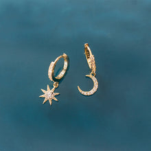 Load image into Gallery viewer, SLUYNZ 925 Sterling Silver Sparkling CZ Star Moon Hoop Earrings for Women Teen Girls Asymmetric Star Moon Drop Earrings
