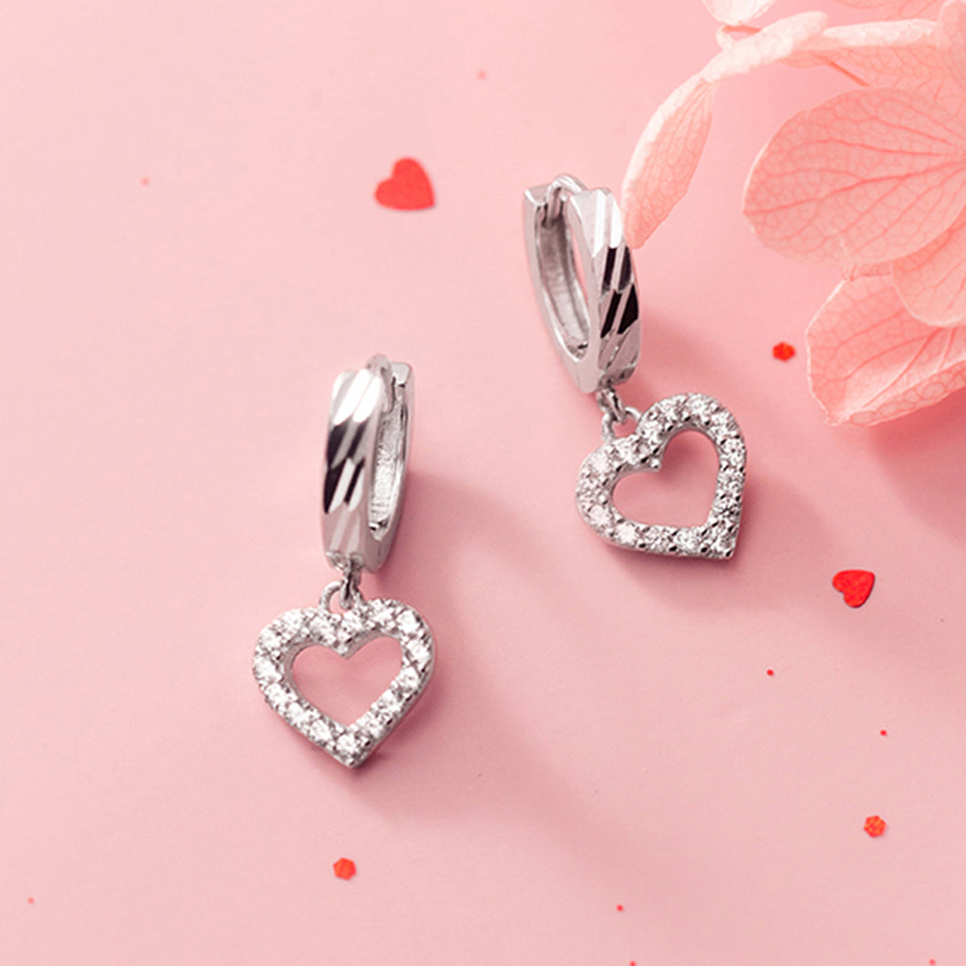 ●TATIANA● Silver 925 Ribbon Heart Dangle Hoop Earrings EC3 ○TATIANA○ Silver 925 Ribbon Heart Dangle Hoop Earrings EC3