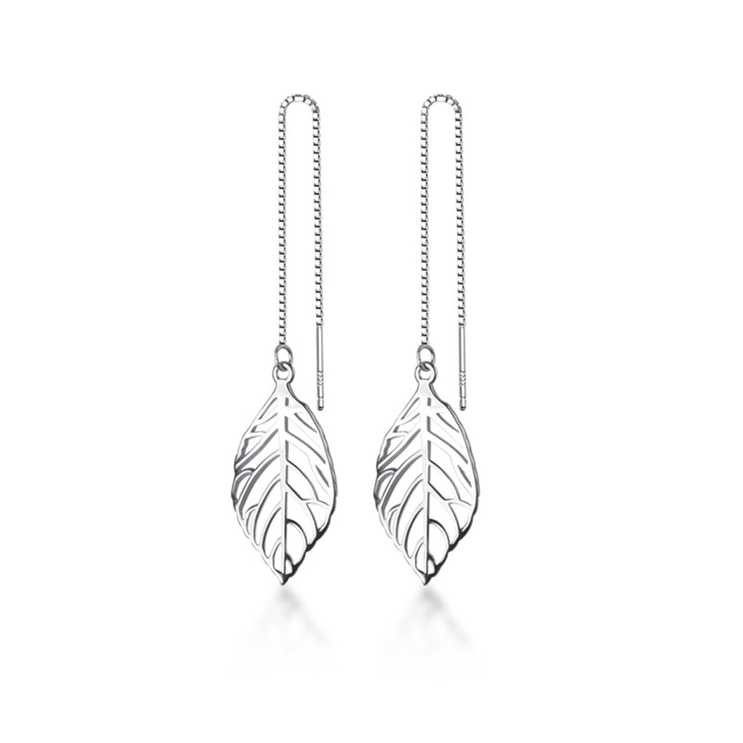 SLUYNZ 925 Sterling Silver Leaf Dangle Earrings for Women Teen Girls Leaf Earring Threader Chain