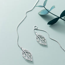将图片加载到图库查看器，SLUYNZ 925 Sterling Silver Leaf Dangle Earrings for Women Teen Girls Leaf Earring Threader Chain
