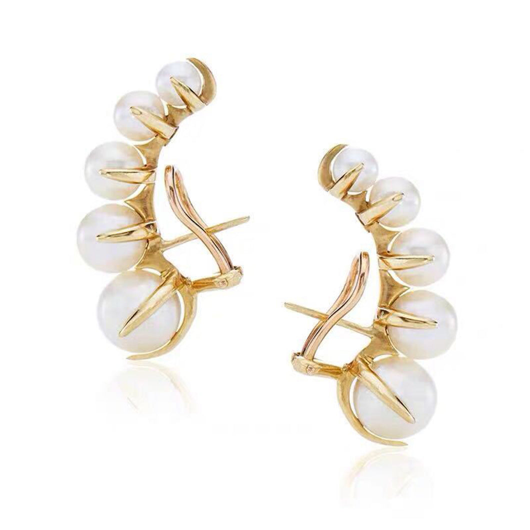 SLUYNZ 925 Sterling Silver Shell Pearl Crawler Earrings Cuff for Women Yellow Gold Clip Ons Earrings