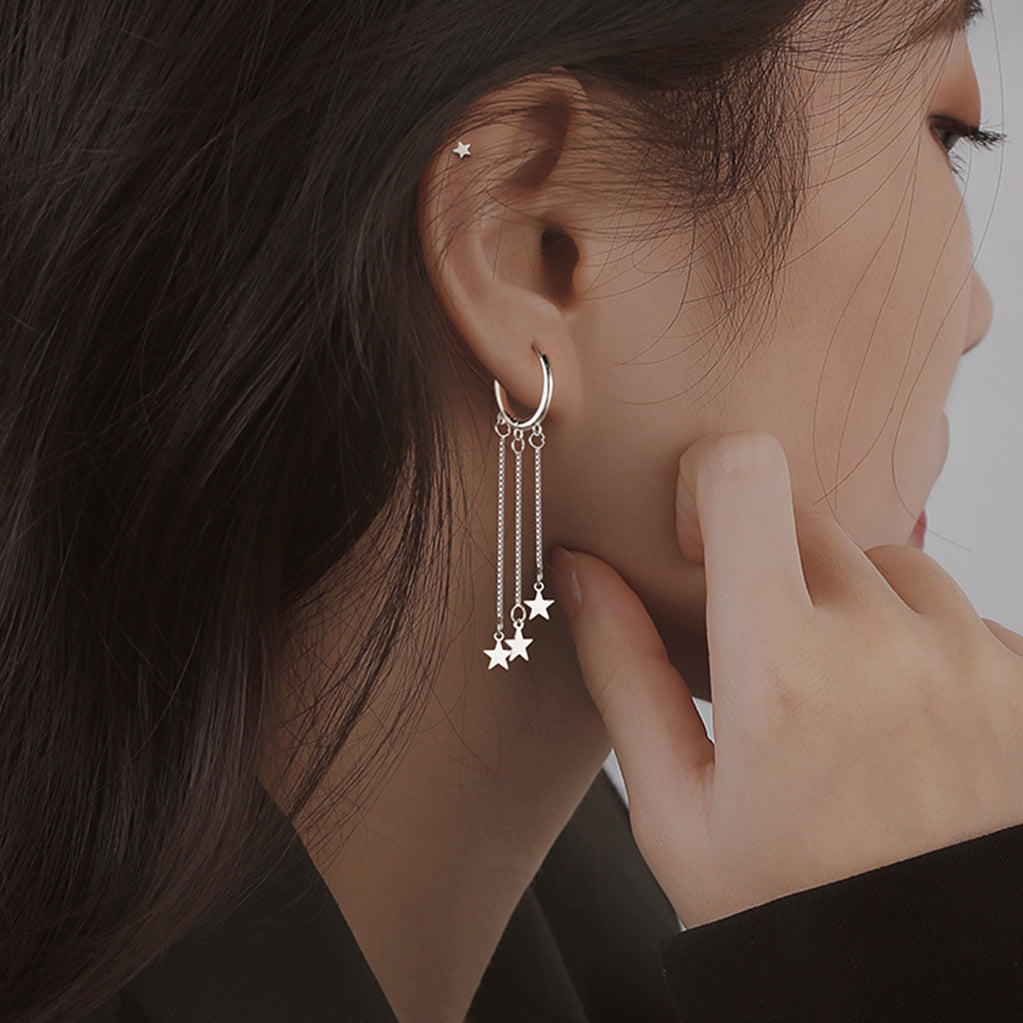 SLUYNZ 925 Sterling Silver Star Hoop Earrings for Women Teen Girls Star Dangle Earrings Hoop Tassel
