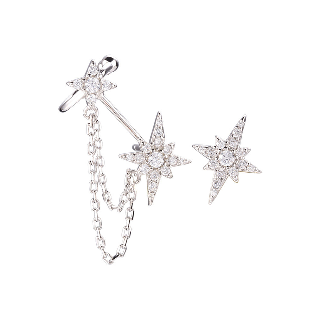 SLUYNZ 925 Sterling Silver Star Cuff Earrings for Women Teen Girls Asymmetric Star Studs Earrings Tassel Chain