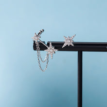 将图片加载到图库查看器，SLUYNZ 925 Sterling Silver Star Cuff Earrings for Women Teen Girls Asymmetric Star Studs Earrings Tassel Chain
