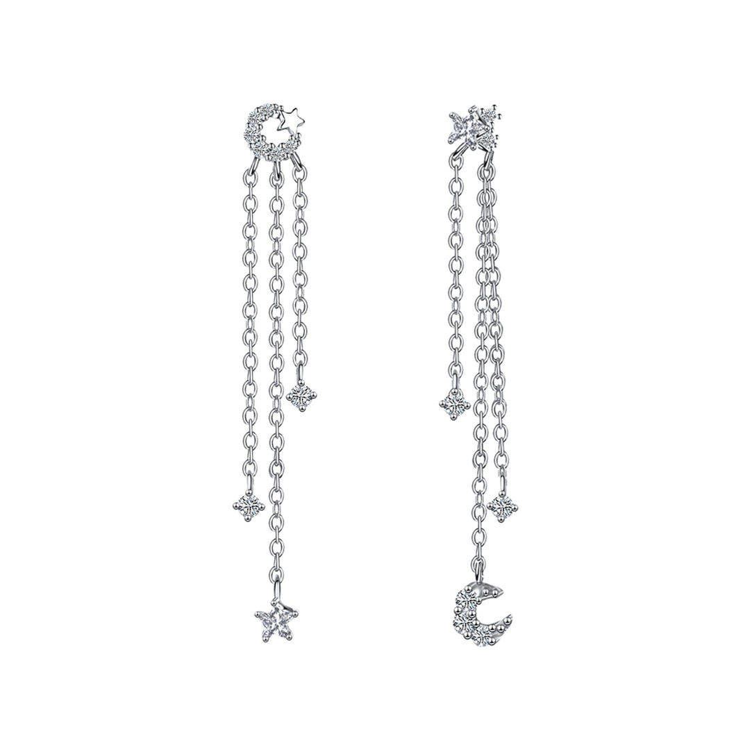 SLUYNZ 925 Sterling Silver Star Moon Dangle Earrings for Women Teen Girls Star Tassel Earrings Chain