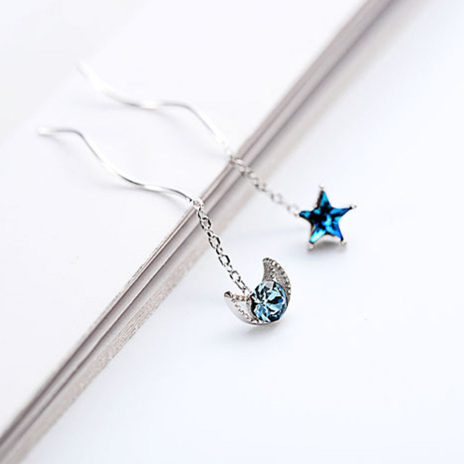SLUYNZ 925 Sterling Silver Blue Crystal Star Moon Dangle Earrings for Women Teen Girls Star Moon Tassel Earrings Chain