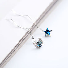 将图片加载到图库查看器，SLUYNZ 925 Sterling Silver Blue Crystal Star Moon Dangle Earrings for Women Teen Girls Star Moon Tassel Earrings Chain
