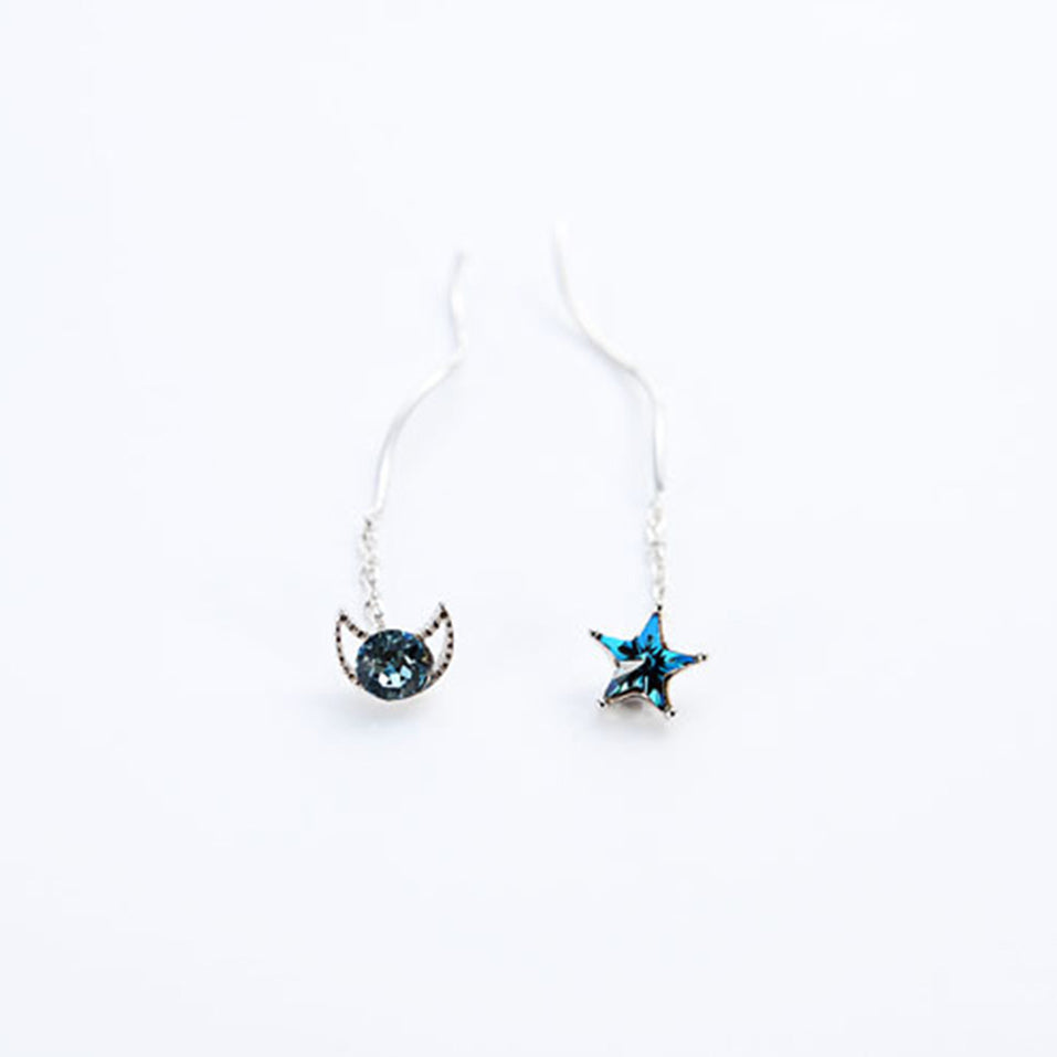 SLUYNZ 925 Sterling Silver Blue Crystal Star Moon Dangle Earrings for Women Teen Girls Star Moon Tassel Earrings Chain