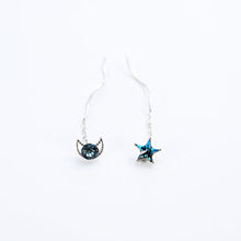 将图片加载到图库查看器，SLUYNZ 925 Sterling Silver Blue Crystal Star Moon Dangle Earrings for Women Teen Girls Star Moon Tassel Earrings Chain
