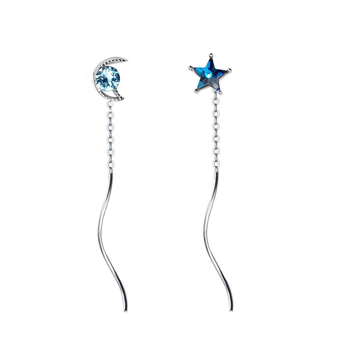 SLUYNZ 925 Sterling Silver Blue Crystal Star Moon Dangle Earrings for Women Teen Girls Star Moon Tassel Earrings Chain